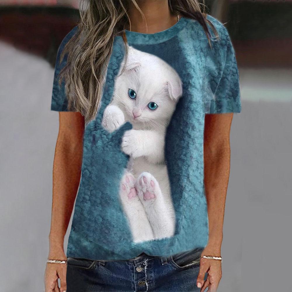 Women Cute Cat 3D Print Pattern T-shirts for Ladies and Girls Fashion Round Neck T-shirts Women's Short-sleeved Loose O-neck T-shirts
