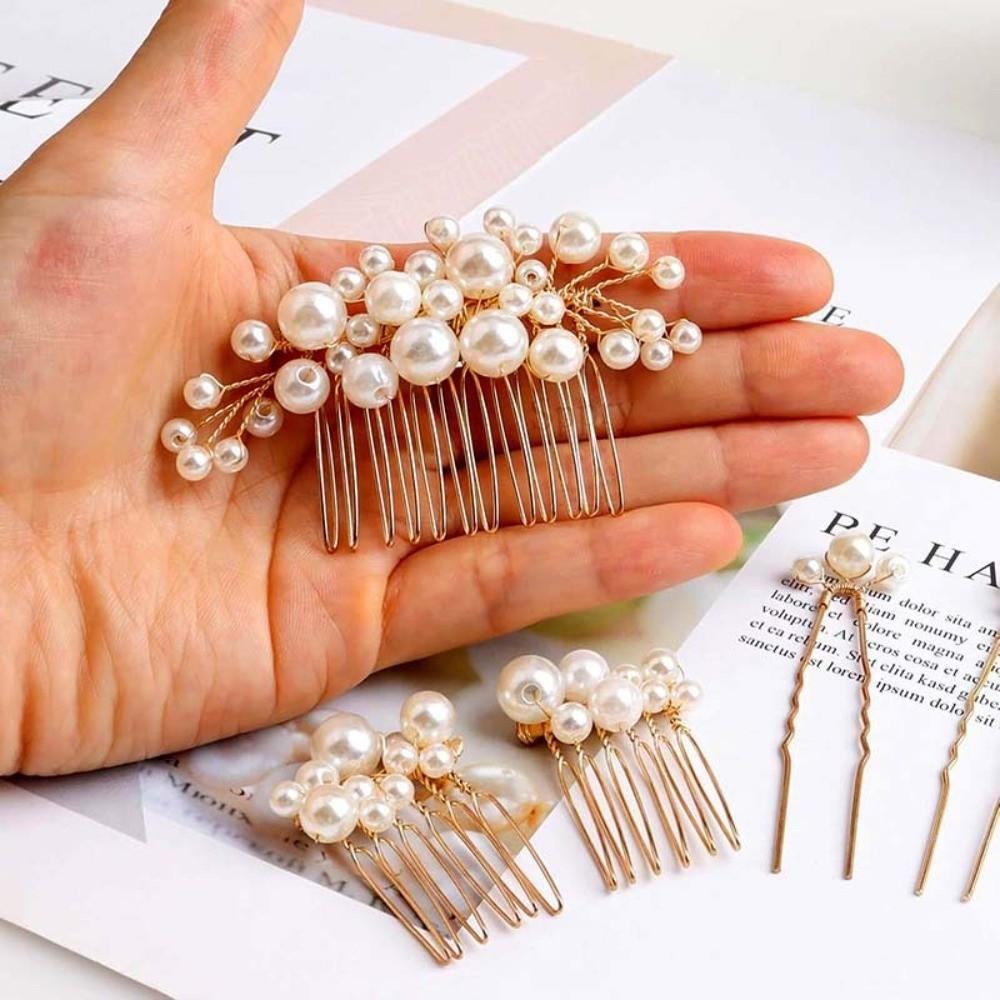 Gold Pearl Hair Comb Flower Wedding Headwear Luxury Hair Fork Headpiece