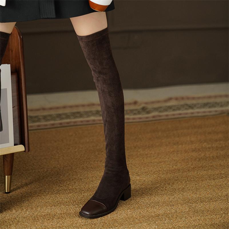 FOREADA Women Over-the-Knee Boots Square Toe Thick Mid Heels Long Boot Concise Ladies Fashion Shoes Autumn Winter Brown Black 43