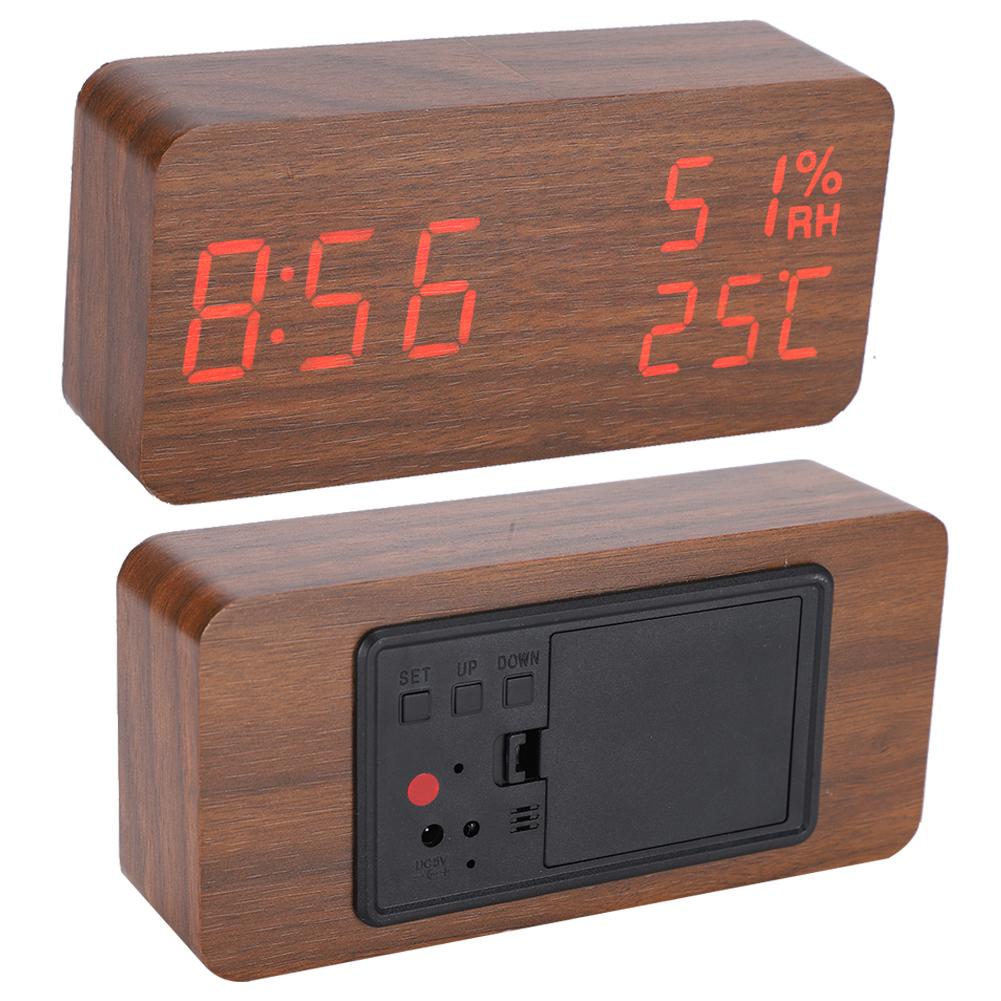 Wooden Alarm Clock LED Voice Control Desk Rectangular Brown Wood Red Light Digital Clock