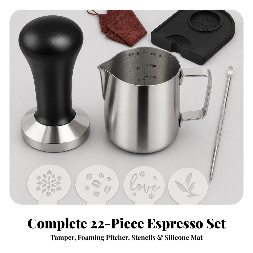 9 Pieces Espresso Accessories Kit Rust-Proof Milk Foaming Pitcher with Stencils