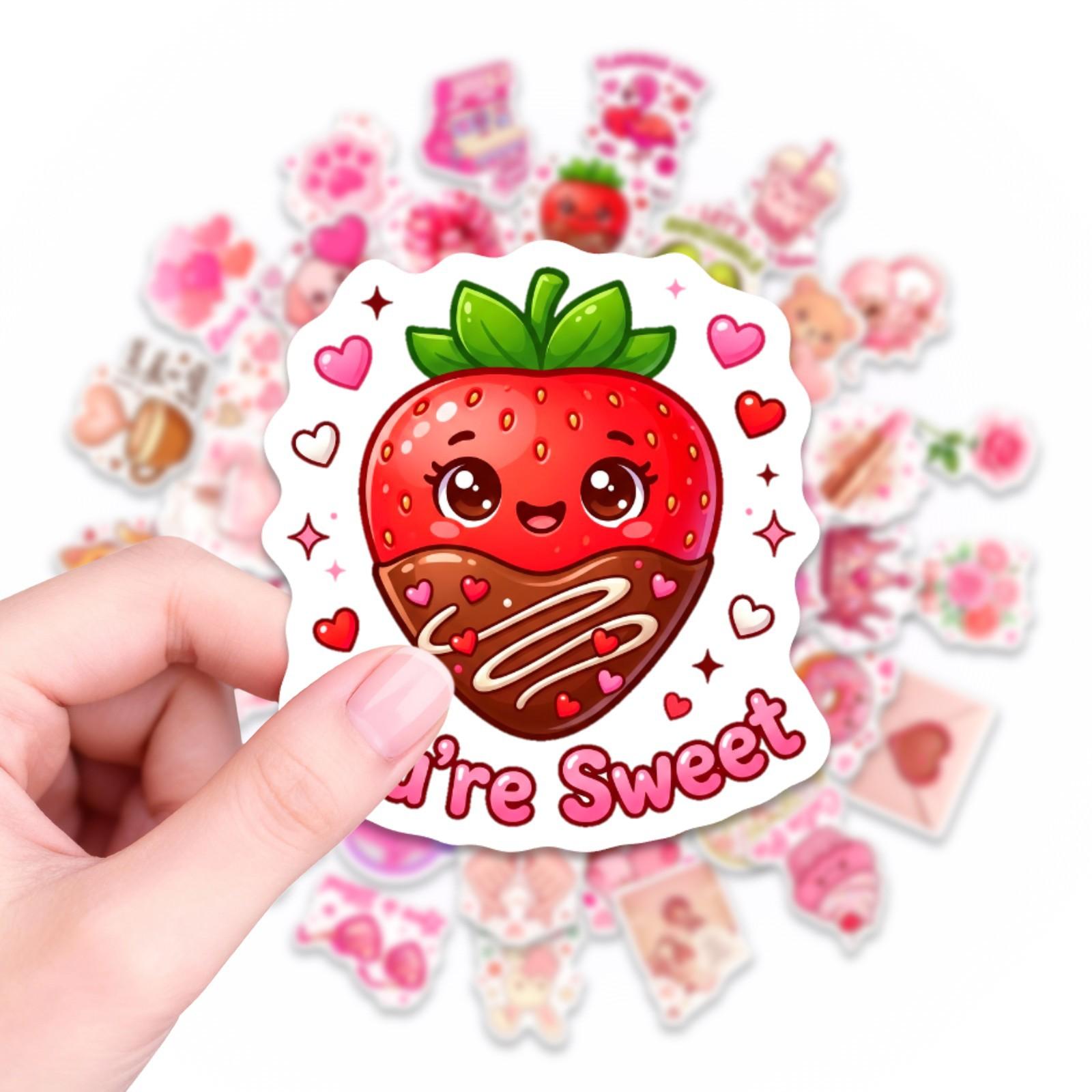 50 Cute Cartoon Stickers Valentine S Day Waterproof Decorative Stickers Cartoon Animals Strawberry Chocolate Love Stickers