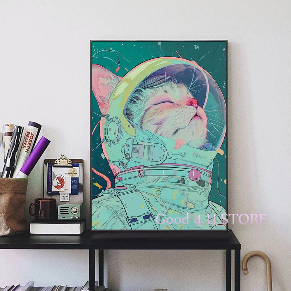 Retro Futuristic Space Astronaut Cat Nasa Cosmic Surrealism Animals Poster Canvas Painting Preppy Wall Art Pictures Home Decor