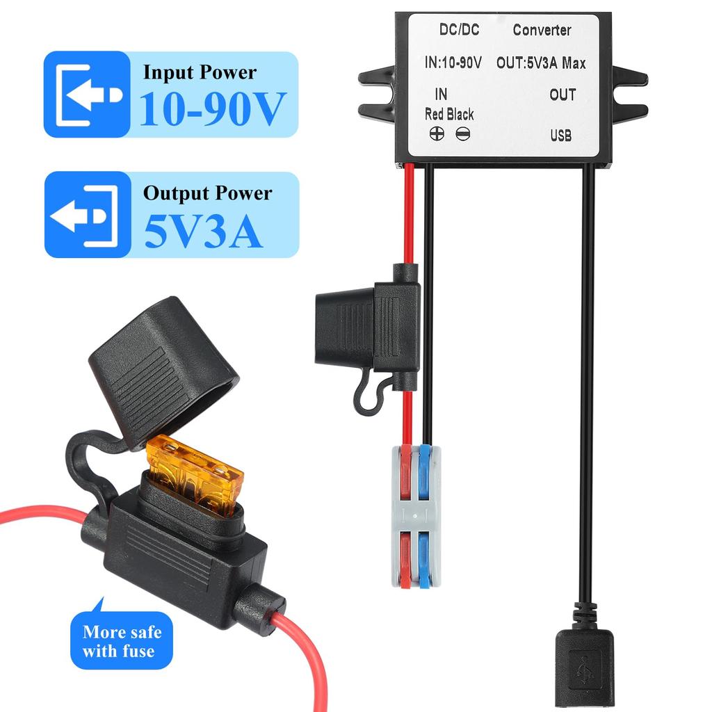 YBBOTT Converter To 5V 3A 15W USB Power Fused Power Supply for Golf Carts DC/DC 10V-90V Step-Down Converter, DC/DC Converter, Converter,