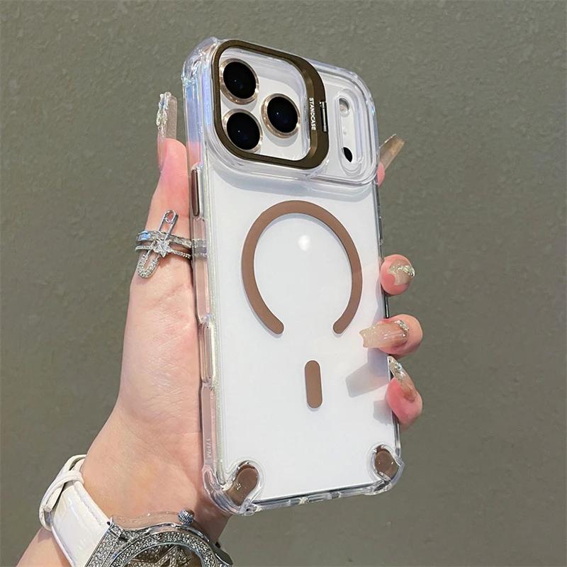 

Роскошный прозрачный магнитный чехол Magsafe для iPhone 17 Pro Max 17Air 17Pro Защита стеклянной линзы Подставка Противоударный бампер iPhone Air