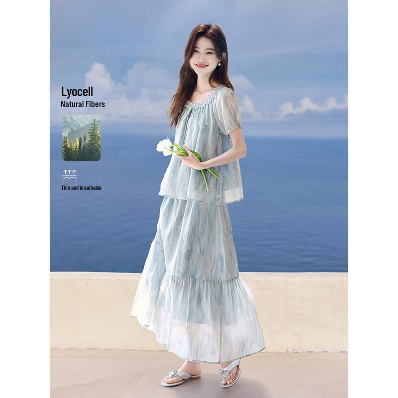 Mohanyimei Women s Puff Sleeve Ruffle Two-Piece Set S синий