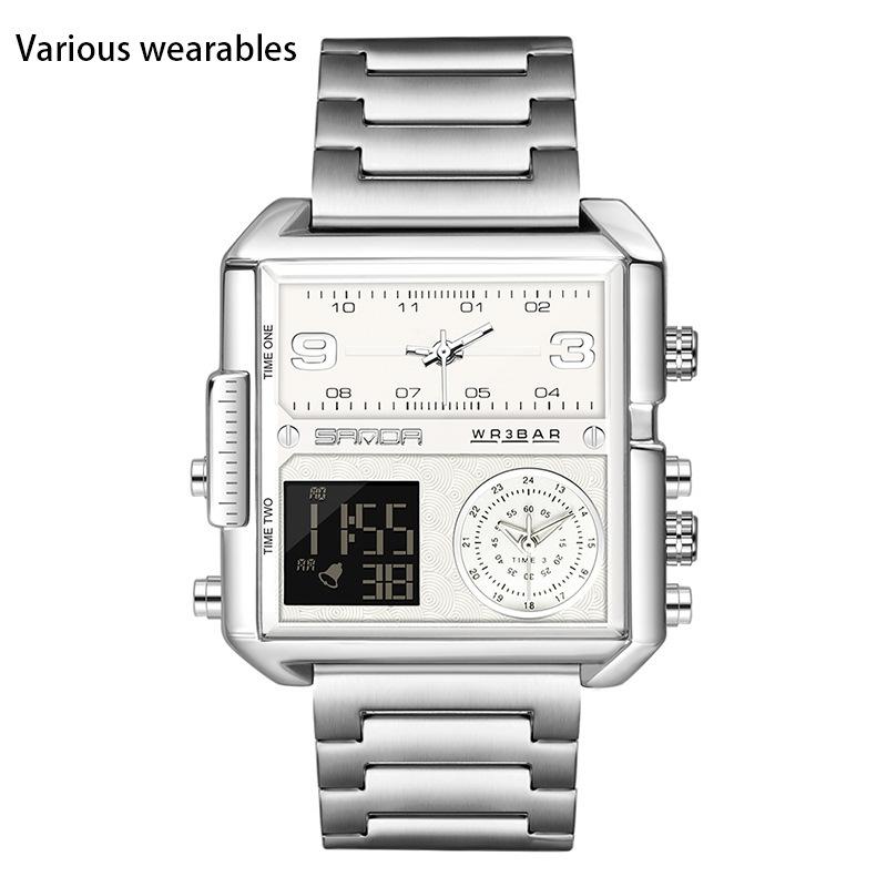 Fashion Casual Men's Watch Multi-functional Waterproof Leather Strap Electronic Watch Square Personality Large Dial