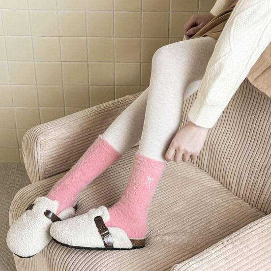 Women Fuzzy Socks Cute Embroidered Bow Knot Thick Socks Fluffy Warm Cozy Socks for Girls Winter Home Indoor Lounging Sleeping