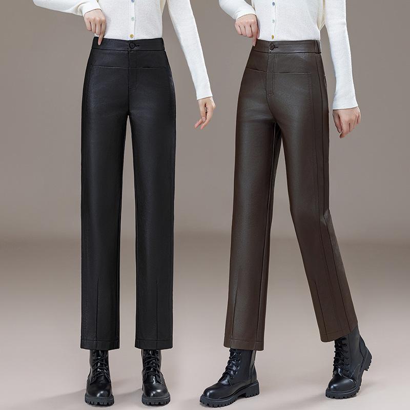 Damskie spodnie z owczej skóry z wysokim stanem i szerokimi nogawkami na Jesień/Zimę 2025 - Wszechstronna moda, Duży rozmiar, Długie proste spodnie
