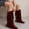 Large Size 45 Women Retro Ethnic Western Cowboy Boots Block Medium Heels Tassel Fringe Kneehigh Boot Lady Winter Shoes