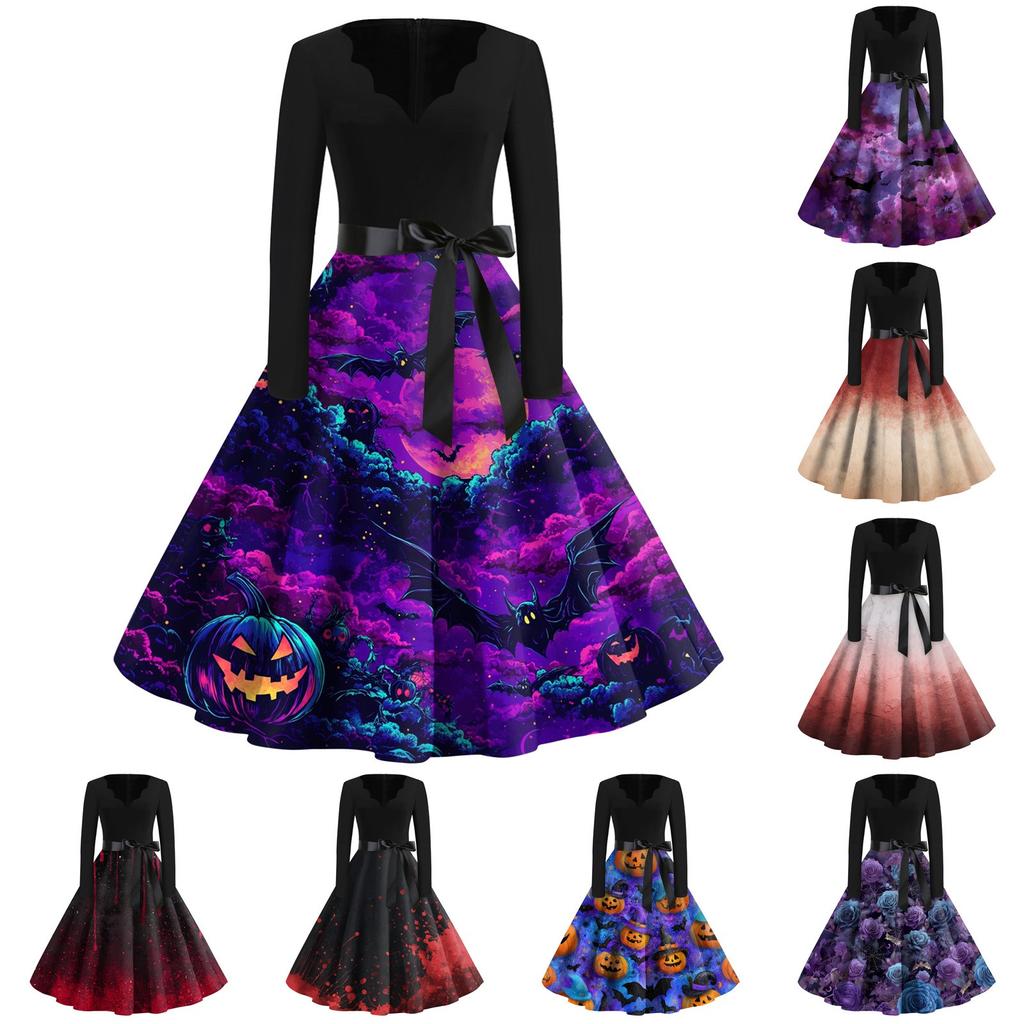 Women's Casual Fashion Halloween Printed V-Neck Vintage Dress