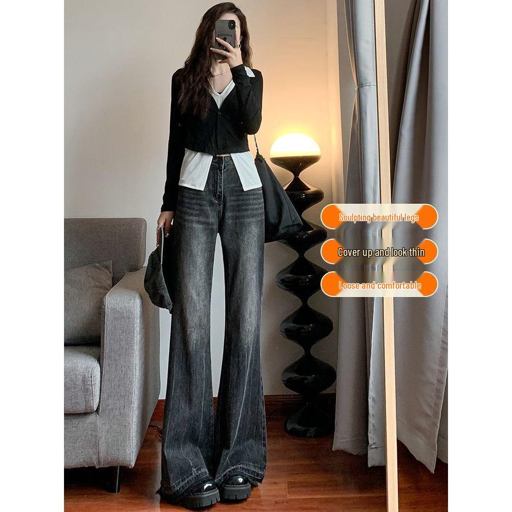 Women's Black Frayed Micro Flare Bell Bottom Jeans - High Waist, Wide Leg, Floor Length for Spring/Autumn