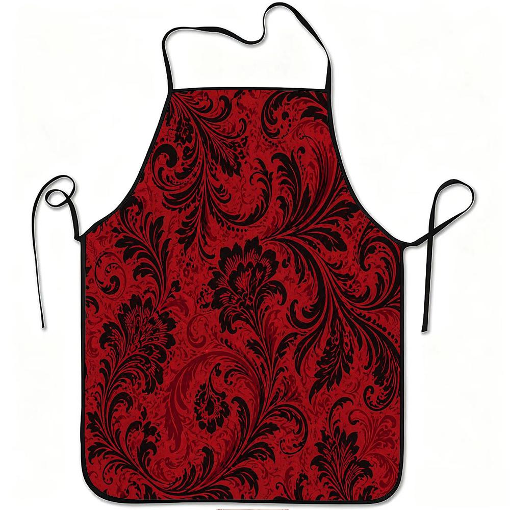 1pc Red Black Baroque Floral Print Apron, Durable and Easy To Clean, Adjustable Waistband, Polyester Material, for Kitchen Cooking, Gardening, Orchard