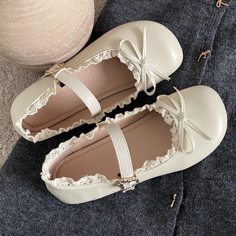2025 Breathable Leather Flat Shoes Lace Ruffled Bow Ballet Flats Casual Soft Soled Women Shoes Mary Janes Sweet Girls Shoes