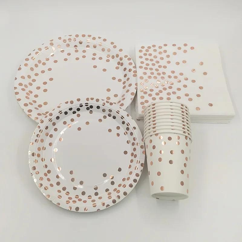 Różowo-złoty Jednorazowy Obrus Talerze na Wesela Obrus Nóż Widelec Łyżka Papierowy Kubek Zestaw Naczyń Piknikowych na Zewnątrz