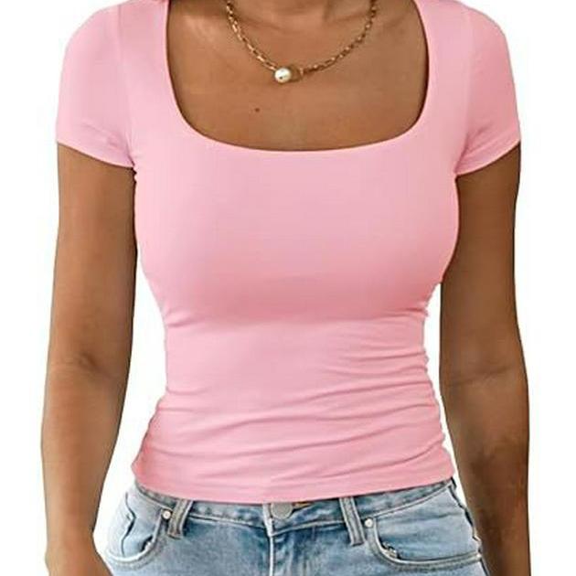 Dames 2025 Sommer U-hals Slim Casual T-skjorte - Kort Ermet Mote Pullover