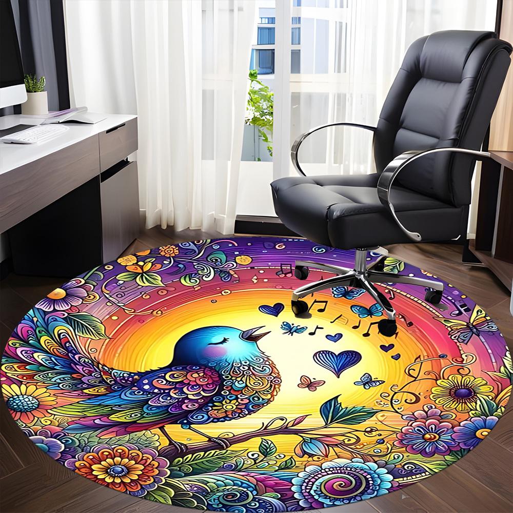 1pc Colorful Bird Illustration Chair Carpet for Office, Round Polyester Mat, Indoor Decor for Office, Easycare Fabric, Washable Non-slip Area Carpet