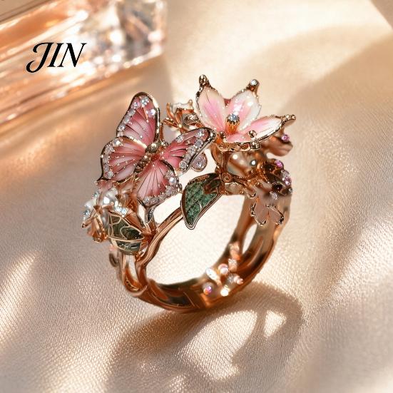 Leichter verstellbarer Ring Legierung Fingerring, Schmetterling Blume Form Öffnung Offenes Design Band für tägliches Tragen Date Party Romantischer Schmuck