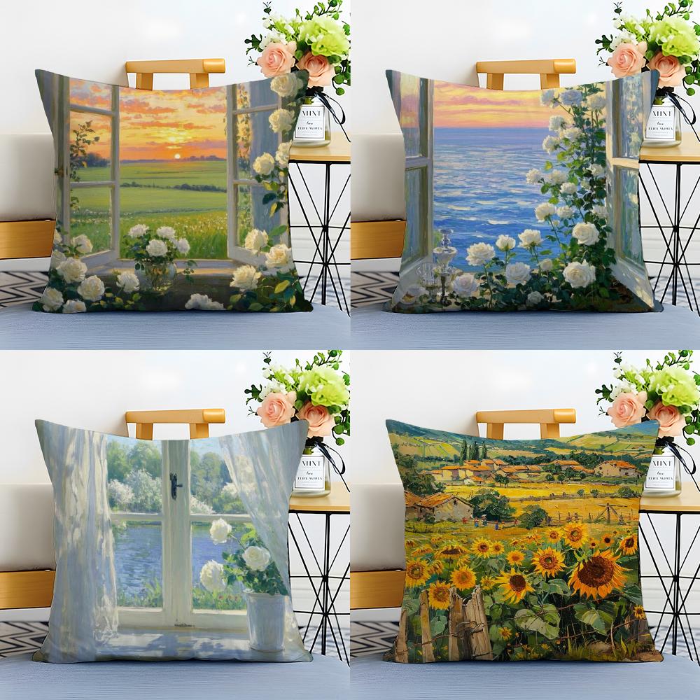 Classical Hand-Painted Iandscape Oil Painting Cushion Cover Linen Pillowcase Soft For Sofa Bed Home Room Decor