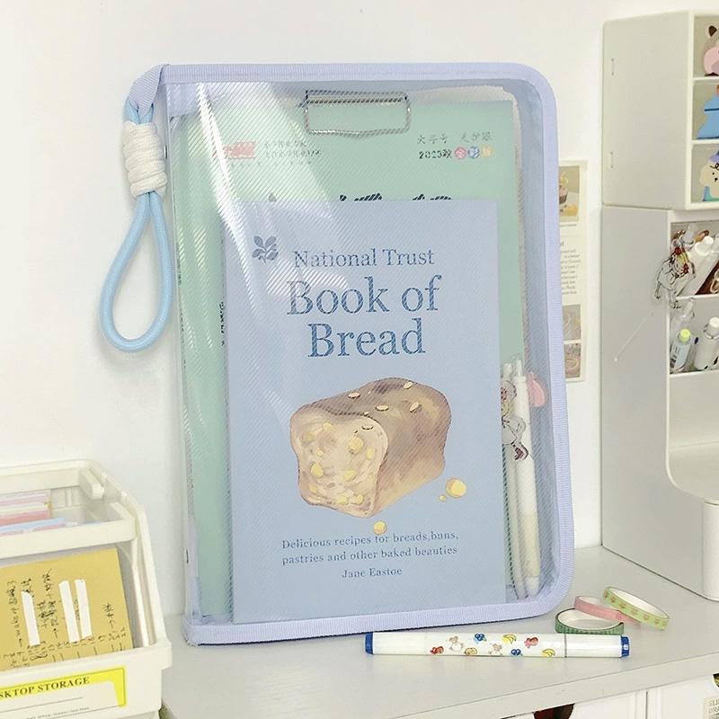 

1PC with Handle Folder Case Transparent Macaron Storage Bag Zipper Textbook Organizer Large Capacity Waterproof Portable синий