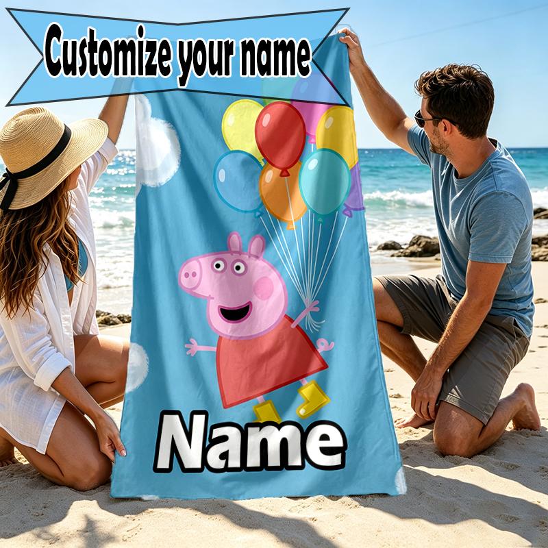 Custom Name Personalized Peppa Pig Print Beach Towel, for Trip Camping Beach Party Home Decor, Birthday Gift for Family & Friends