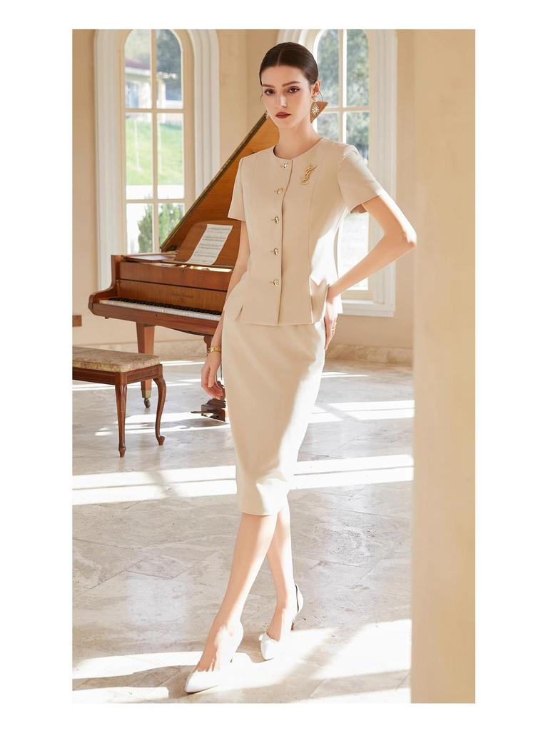 Set Sacou de Vară Stil Coreean Bej pentru Muncă cu Mâneci Scurte