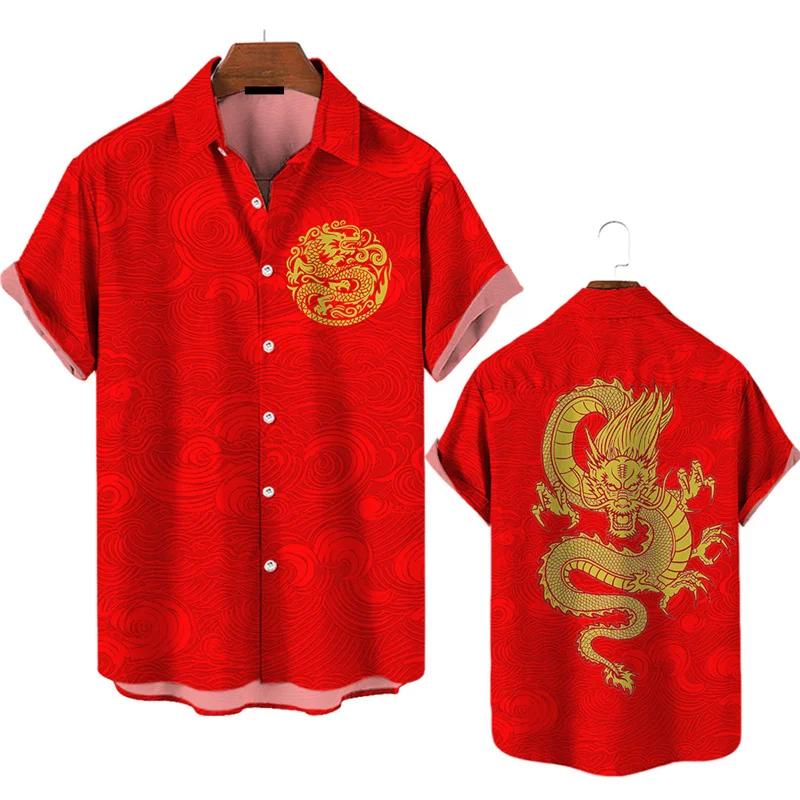 3D Dragon Printing Men's Short Sleeve Shirts Casual Fashion Lapel Buckle Men Clothing Daily Breathable Plus Size Shirts For Men