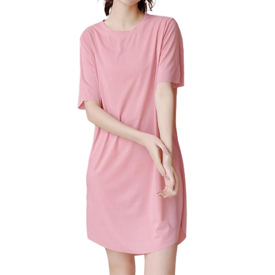 Lady Summer Dress Round Neck Loose Solid Color Short Sleeves Ice Silk Casual Clothes Homewear Pajamas Knee Length Nightdress