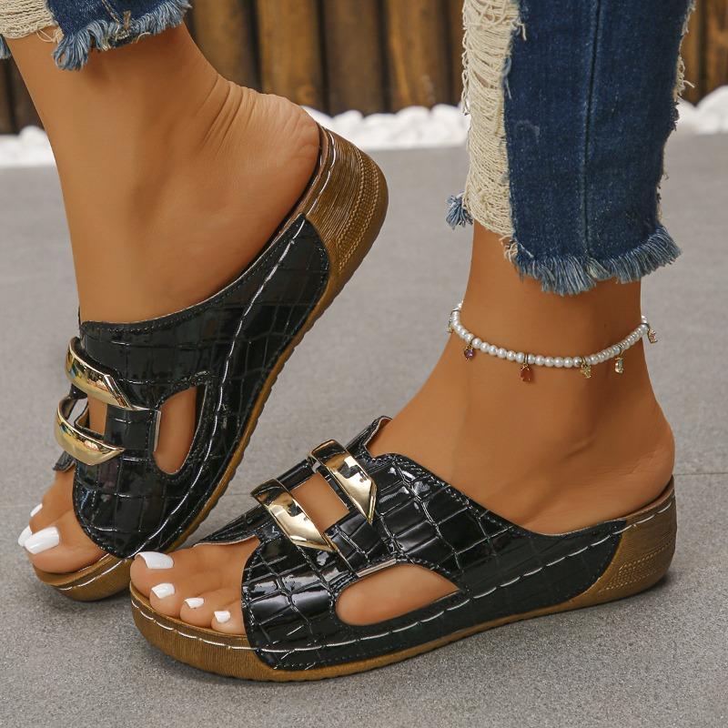 Women's Wide Width Peep-Toe Sandals, Metal Buckle Cutout Platform Wedges, Summer Outdoor Slides for Women