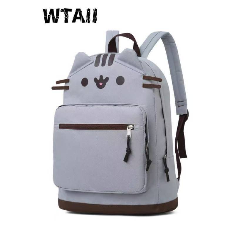 Cat Cartoon Nylon Backpack With Zipper Closure For School And Commuting