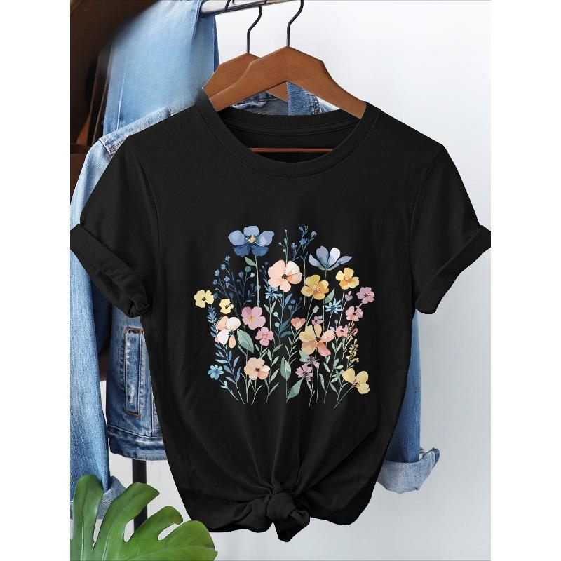 European Size graphic print t-shirt, short sleeve crew neck casual top for summer & spring, Women's clothing