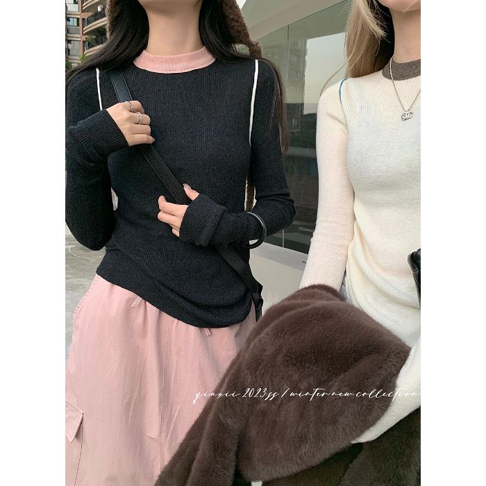 Retro Long-sleeved Sweater, T-shirt, Women's Knitted Sweater, Autumn Slimming and Form-fitting, Laid-back and High-end Base Layer Top