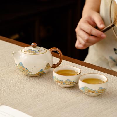 Chinese Style Portable Travel Ceramic Tea Set Outdoor Camping Ru Kiln Kung Fu Tea Pot and Teacup Holiday Gift Box Set New