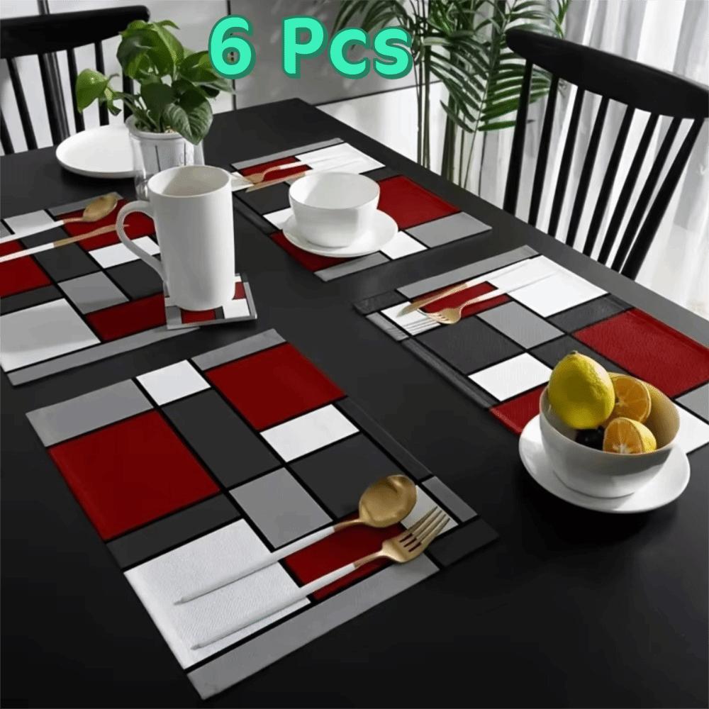 6 Piece Plaid Pattern Geometric Aesthetic Placemat Waterproof Dinning Table Mat  Restaurant