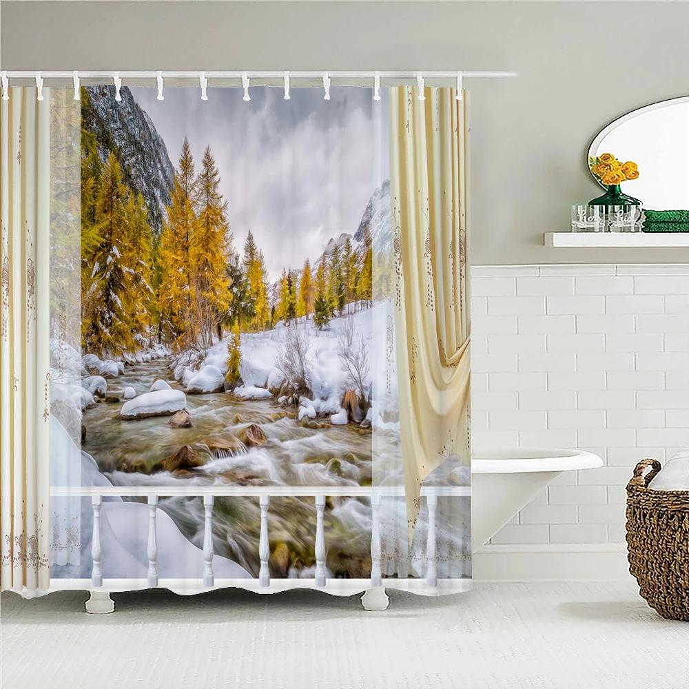 Winter Cedar Trees Natural Landscape Shower Curtains Bathroom Curtain Frabic Waterproof Polyester Bathroom Curtains With Hooks