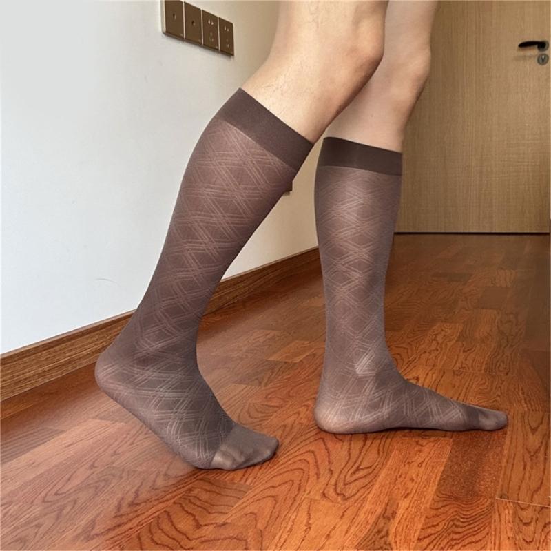 Men's Breathable Nylon Thin Dress Socks with Argyle Pattern Design Middle Calf Business Formal Socks Hosiery Gift