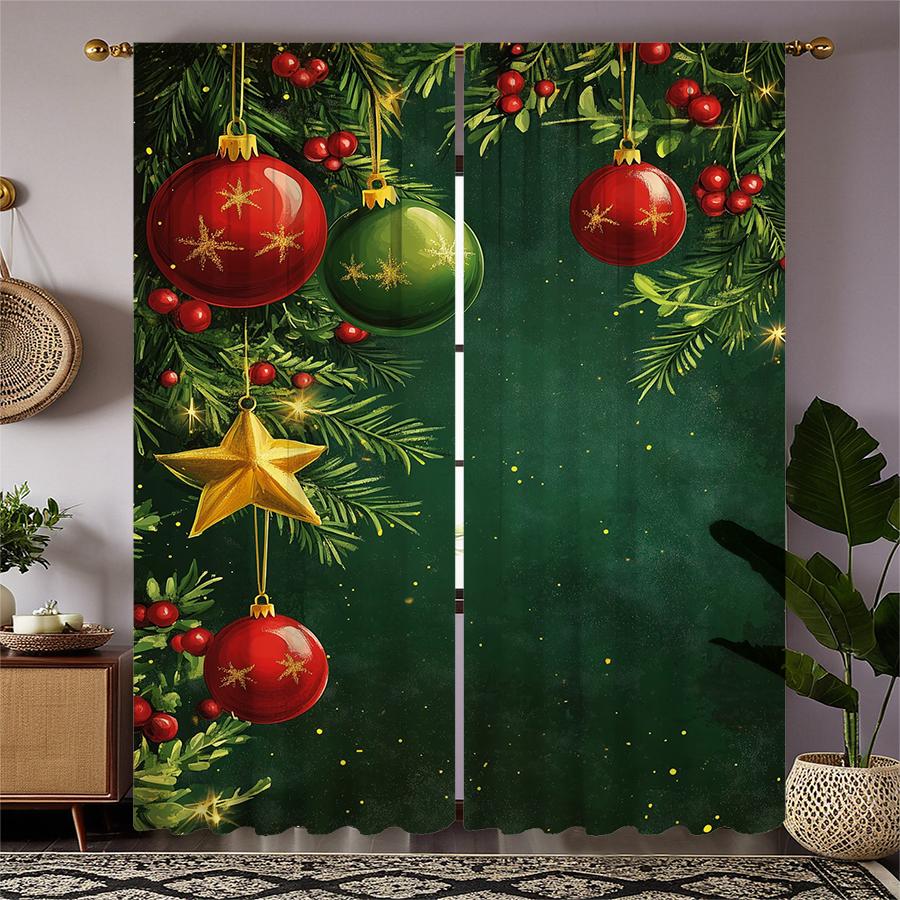 2pcs- Christmas ball printed curtains   pole bag curtains   Christmas decorations   home decorations   room decorations