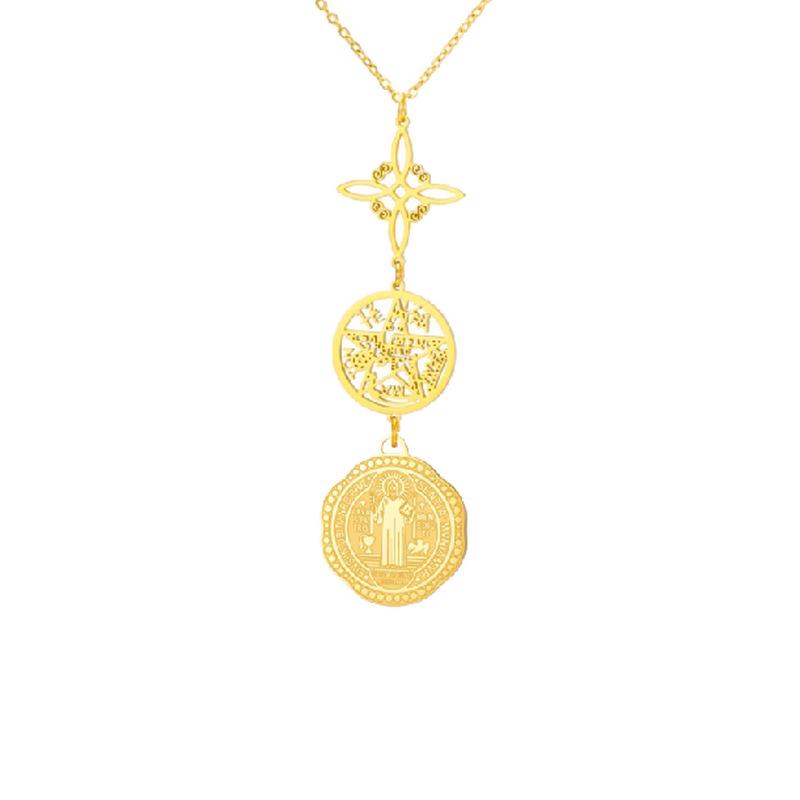 Collana Pendente Pentagramma di San Benedetto e Nodo della Strega in Acciaio Inossidabile