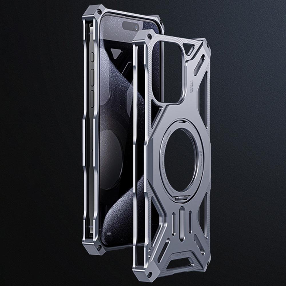 

For iPhone 16 Case Kickstand Frameless Aluminum Alloy+Silicone Phone Bumper Cover Silver