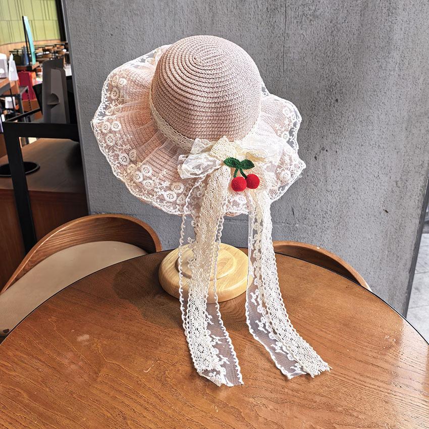 Cute Girls Summer Sun Hat With Lace Bow Beach Vacation UV Protection Cap For Toddler Baby Outdoor Shade children (50-52cm) розовый