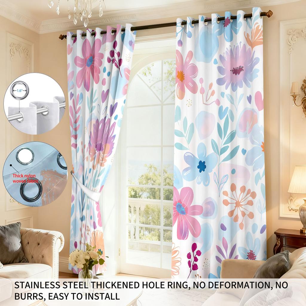 Set Of 2 Colorful Spring Flowers Perforated Curtains Multi Size Living Room Home Insulation Decoration Easy Installation Darkening Made Polyester