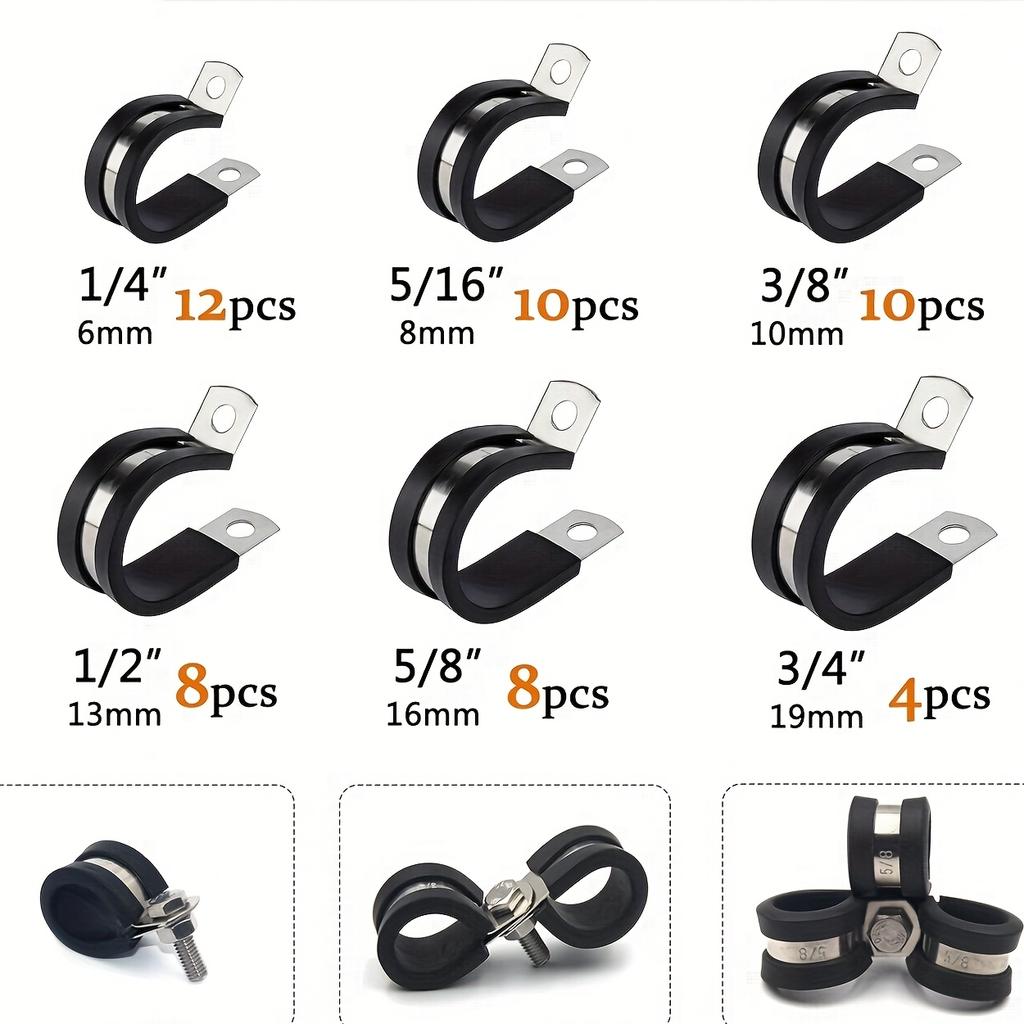52pcs Durable Metal Cable Clamp Set, 6 Sizes, 30 Degree Elbow, Round Hose Fitting, Stainless Steel with Rubber Pad Tube Clamps for Secure Grip