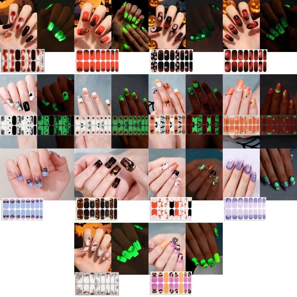 Bloodstain Halloween Luminous Nail Sticker Pumpkin 16 Fingers Set Nail Polish Sticker Beauty Care