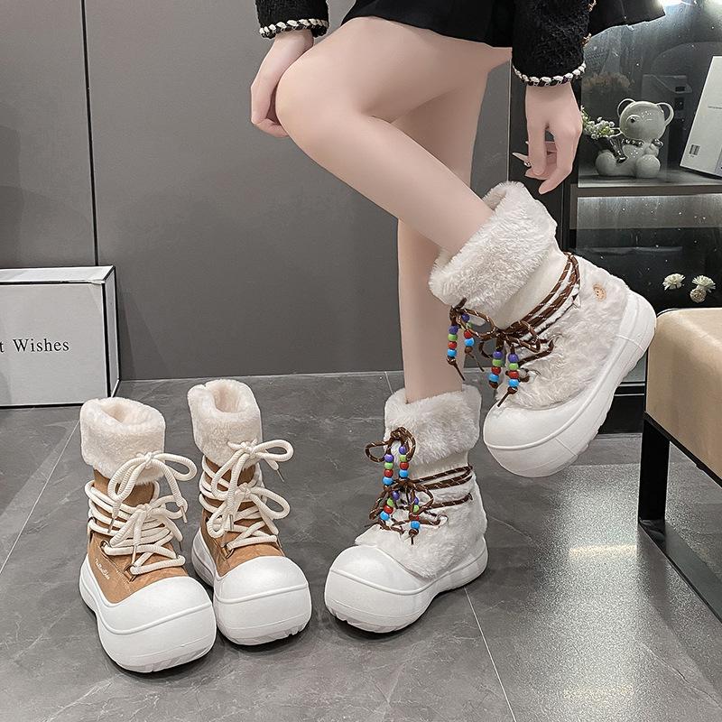 Snow boots women's 2025 new winter star same medium boots, plush warm lace-up big head fluffy boots