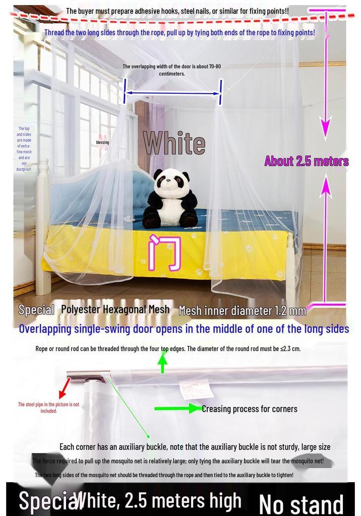 Free Shipping High-Density Mosquito Net for Dorm or Home, Single/Double Bed, with Hanging Rope and Extra Height