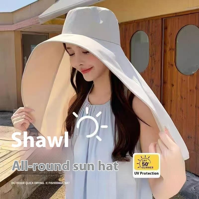 Full Coverage Extra Large Brim With Shawl Fisherman Hat For Women Summer Quick-Dry Neck Protection Sunshade Sunscreen Flat Top Cycling Equestrian Hat