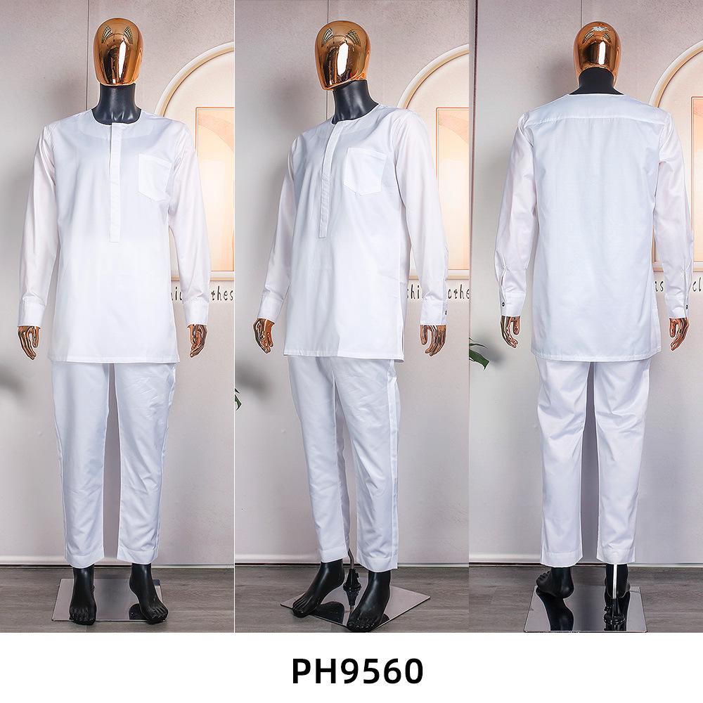 African Men's Traditional Three-Piece Set: Embroidered Robe, Pants, and Matte Cloth