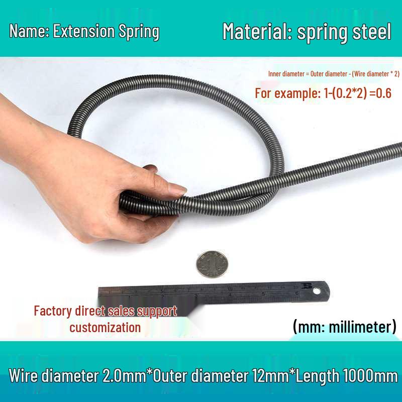 1m Spring Coil Extension with Hook - Strong Tensile Force, Thin Soft Sheath, for Tarpaulins & Sliding Doors
