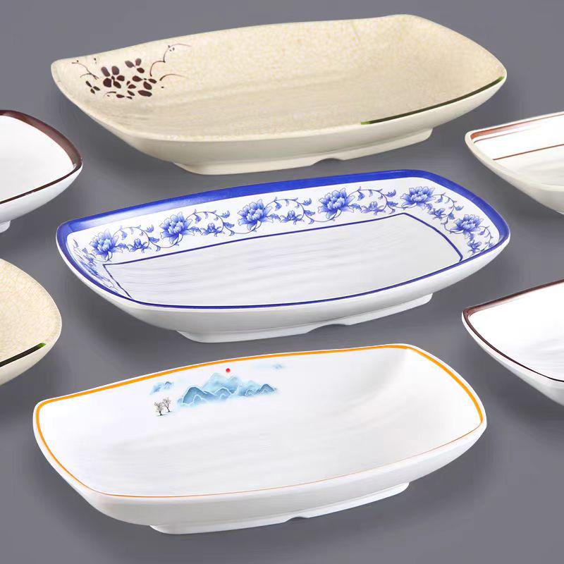 Melamine Rectangular Dinner Plate for Hot Pot, BBQ, and Cold Dishes - Porcelain-Look Restaurant Plate.