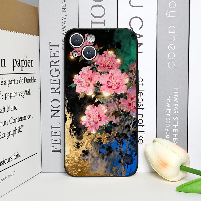 

Retro Flower Hibiscus Golden Ink Painting Phone Case for iPhone 17 16 12 11 14 13 15 Pro Max Mini XS MAX XR 7 8 Plus Soft Cover iPhone 13 mini